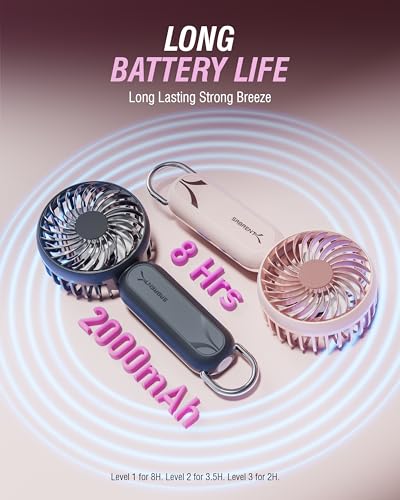 Image of SABRENT ChillyPop Mini Portable Handheld Personal Fan, Pink (HF-M2WH-RSE) | USB-C rechargeable, 3 speeds, Up to 8 hrs on low, Metal hanger included, Pocket-sized, Quiet gentle airflow, Travel & makeup