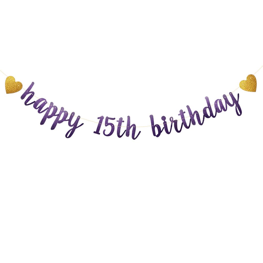 Happy 15th Birthday Banner, Pre-Strung,Purple Glitter Paper Garlands Banner for 15th Birthday Party Decorations Supplies, Letters Purple,Betteryanzi