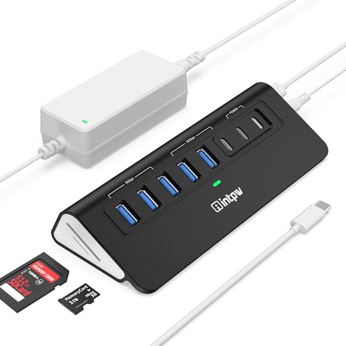 Image of Powered USB Hub 10Gbps, Intpw YH6AC Plus 10 Port USB 3.2 Hub(USB A /USB C 3.2+3 USB-A 3.0+2 PD 45W Fast Charging Port+SD /TF Card Reader), 65W Power Adapter,Aluminum USB HUB for PC,Laptop,iPhone 17 /16