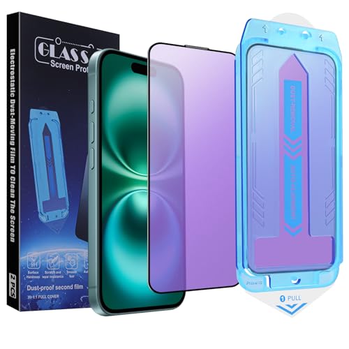Image of 2-Pack Anti Blue Light Matte Screen Protector for iPhone 16 and iPhone 15 and iPhone 14 Pro 6.1-Inch 9H Tempered Glass, Full Coverage, Anti-Fingerprint, Auto Dust-Elimination, No Bubble, Easy Installation