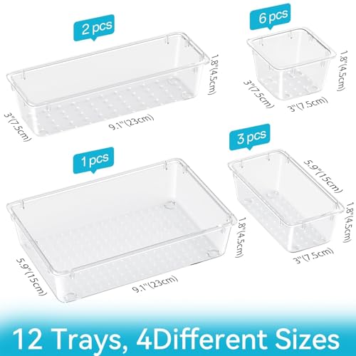 Image of ElegantArray 12 PCS Drawer Organizer Set, 4 Sizes Tool Storage Trays, Clear Plastic Makeup Vanity Organizer and Storage Bins for Makeup, Stationeries, Multiple Gadgets for Bathroom, Office, Bedroom