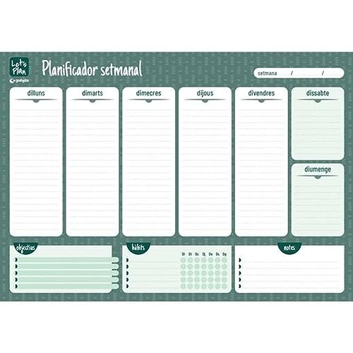 Grafoplas - Bloc Planificador Semanal A3 Español, Sobremesa, Con 192 Pegatinas, 60 Hojas de Papel 120 gramos, Certificado FSC, 42x29,7cm, Impreso en 2 Tintas Tonos Verdes