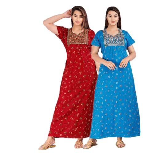 Image of DIAMO Pure Cotton Embroidery Nighty for Women, Cotton Night Gown, Night Maxi Gown, Cotton Nighty with a Pocket and Adjustable Knot