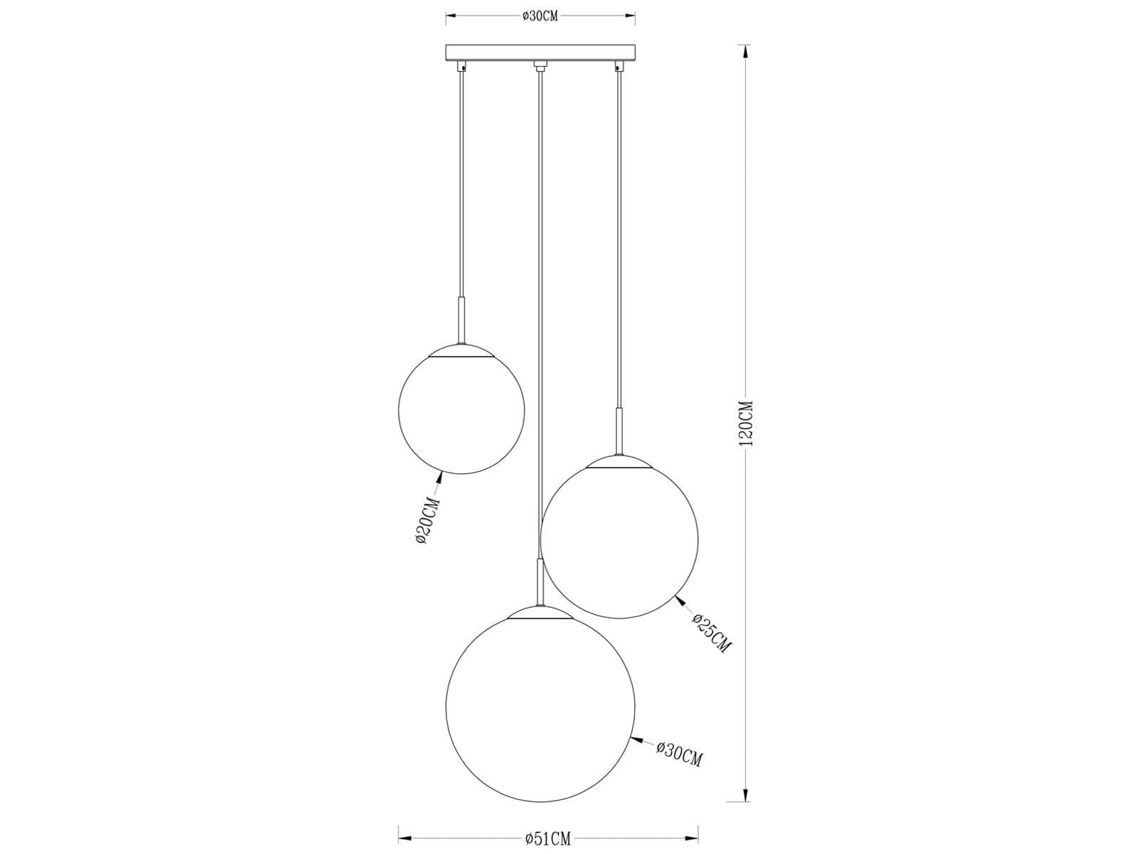 Lámpara colgante de 3 focos con bolas de cristal de ámbar