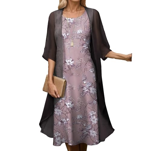Boho Floral Print Wedding Guest Midi Dress for Women Casual 2 Piece Dress Set Chiffon Jacket Sleeveless Flowy Dress