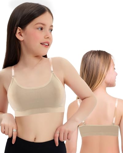 iMucci Girl Dance Bra Seamless Girls Nude Bra with 2 Pair Adjustable Replace Clear Straps Silicone Pads