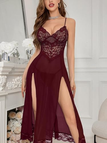 Image of Foxiny Sexy Split Mesh Lace Floral Sheer Babydoll Lingerie Outfit Dress 2 Piece with Thong Set