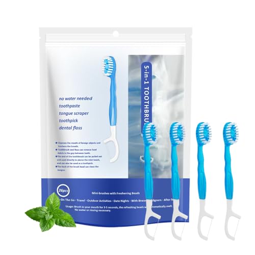 5 in 1 Mini Brushes - Disposable Toothbrushes with Toothpaste + Dental Floss + Pimple Treatment + Tongue Scraper | Travel Size | Individually Wrapped | Soft | Mint | Travel Kit (Mint 26 pcs)