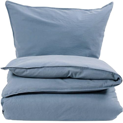 Knutzen Wohnen Bettwäsche 135x200 Baumwolle Blau - Stonewashed Leinen...