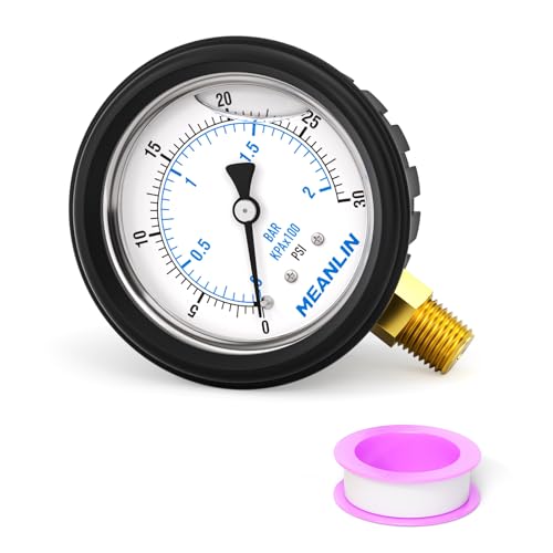 Image of MEANLIN MEASURE 0~30Psi Stainless Steel Liquid Filled Pressure Gauge 1 /4 inch NPT 2.5 inch FACE DIAL with Rubber Protective Sleeve, Lower Mount