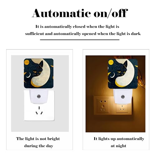 Image of Black Cat Moon Night Light,Plug Into Wall for Boys Girls Bedroom Decorative Square Night Light Lamp 0.5w Sleep Friendly