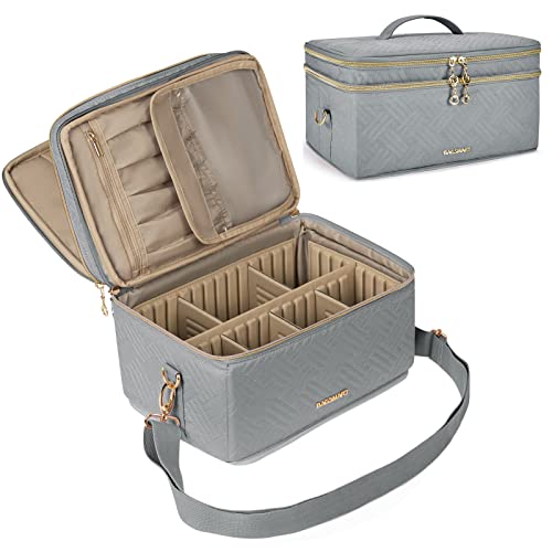 Large Makeup Bag, BAGSMART Double Layer Cosmetic Makeup Organizer Travel Makeup Train Case with Shoulder Strap for Cosmetics Makeup Brushes Toiletries Travel Accessories (Grey Medium)