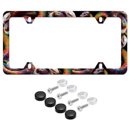 Colorful Snake License Plate Frame Funny Animal License Plate Holder Stainless Steel Rust-Proof Auto Parts Decoration with Screws for Men Women License Plate Cover 4 Holes 1pcs