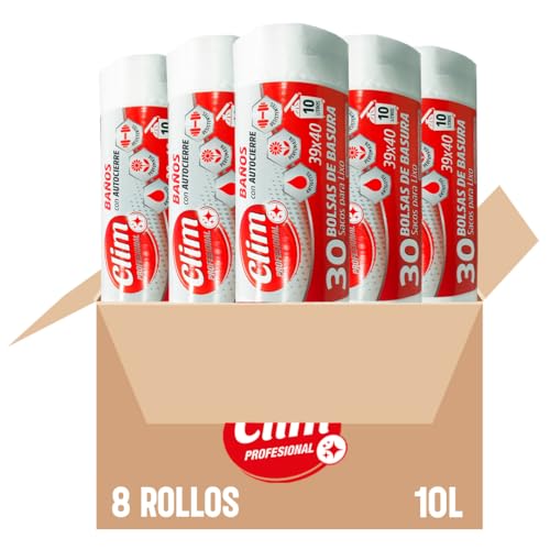 Clim Profesional 240 Bolsas de Basura para Papelera de Baño o Pequeña. 8 Rollos de 30 Bolsas 10L Blancas Extra Resistentes, muy Perfumadas y con Sistema Autocierre