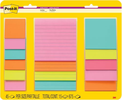 Image of Post-it Super Sticky Notes Multi-Size Supernova Neons | Lined | Double Sticking Power | 15 Pads, Pack of 12