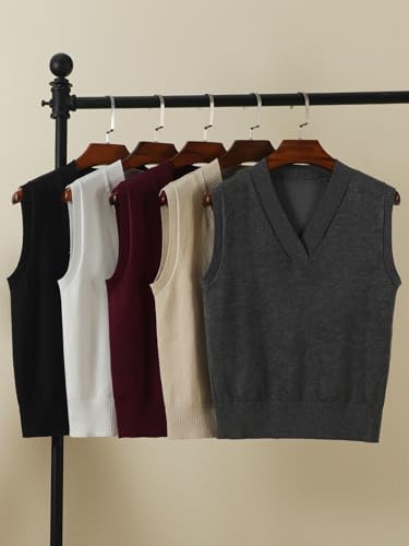 Image of Wowcarbazole Women's V Neck Sweater Vest Sleeveless Ribbed Knit Pullover JK Uniform Classic Basic Tank Tops