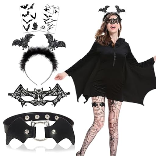 Disfraz de Murciélago para Mujer,Disfraz de Murciélago Negro,Disfraces de Carnaval con de Ojos, Collares,Pendientes y Pegatinas para la Cara,Disfraces de Vampiro Adulto Carnaval, Halloween Cosplay (B) | Ya disponible en tu tienda friki favorita! En mundofriki.es!