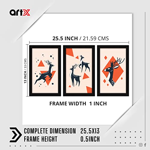 Image of ArtX Paper Deer Wildlife Wall Frame Art Painting, Framed Paintings, Multicolor, Animals, 25.5 X 13 Inches (Combined), 8.5 X 13 each, Set of 3