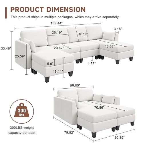 Modular Sectional Sofa, Convertible U Shaped Sofa Couch with High Density Memory Foam, 6 Seat Comfy Modular Sofa Couch for Living Room, Modern U Shaped Sectional Sofa, White