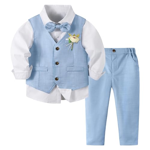 Image of Volunboy Baby Boys Formal Wedding Ring Bearer Outfits Toddler Gentleman Bowtie Vest Guest Suits Dress Shirt Pants Set