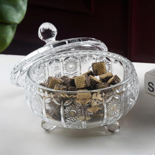 Image of WRINGO Flower Pattern Glass Candy Jar | Decorative Glass Storage Jar with Lid | Multipurpose Dry Fruit, Candy, Chocolate, Cookies & Snacks Container | Elegant Flower Design (Pack of 1)