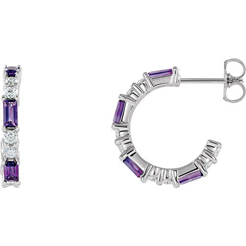 Solid 925 Sterling Silver Amethyst and 1/2 Cttw Diamond Hoop Huggie Earrings (17mm x 2.6mm) (.50 Cttw)