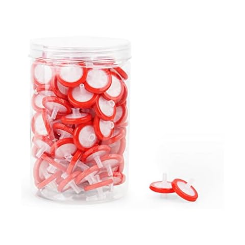 watchget Syringe Filter PTFE Hydrophobic Membrane 25mm Diameter 0.22um Pore Size, Non-Sterile Lab Filtration, 100 PCS Red Cover