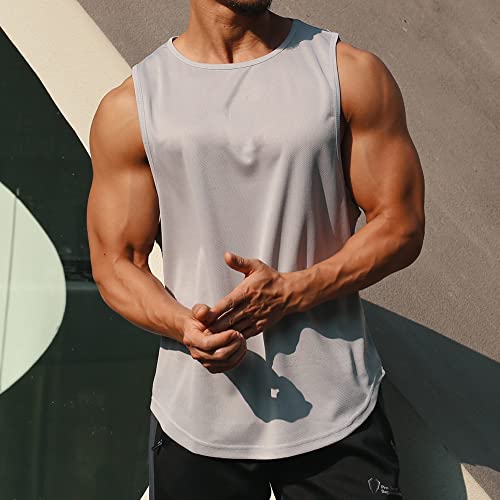 Meioro Men's Mesh Tank Top Shirt Quick Drying Sleeveless Shirts Fitted Muscle Tank Tops Sport Round Neck T-Shirt Grey #TOP3