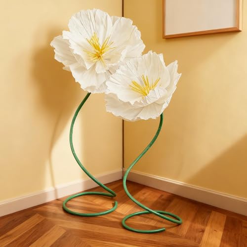 Maysing 2 Pcs 5ft Large Paper White Poppy Flower Giant Artificial Poppies Standing Huge Handcrafted Poppy Flower Wicked Party Decoration for Summer Wedding Graduation Birthday Garden Hotel Office