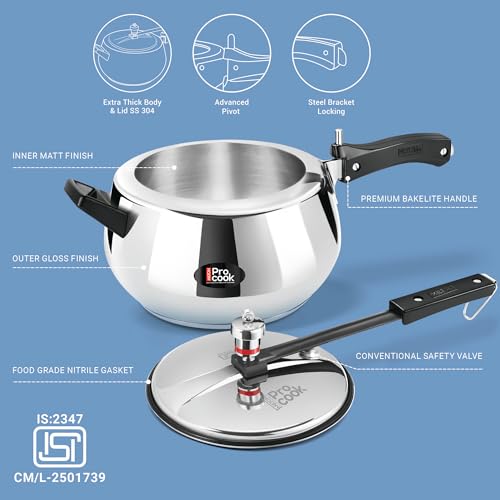 Image of Milton Pro Cook 3-Layer Thick Triply Bottom I Induction Cookware & Gas Stove Friendly Stainless Steel Pressure Cooker 5 Litre | Inner Lid | Safety Valve with Gasket Release System | 5 Years Warranty