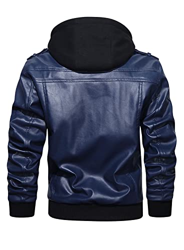 Image of HOOD CREW Men's Casual Stand Collar PU Faux Leather Zip-Up Motorcycle Bomber Jacket With a Removable Hood