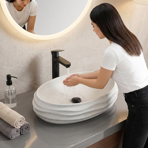 Image of BASSINO 22x15x6 Inches Ceramic Table Top Washbasin /White Terrazzo Luxury Countertop Sink /Modern Basin for Home,Living Room,Dining Hall /Designer Oval Shape Wash Basin for Bathroom with Wave(Matte)