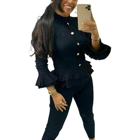 New Womens Fine Ribbed Frill Peplum Gold Button Loungewear Suit Ladies Tracksuit Set Size(8-14) (Black, 14) Cover