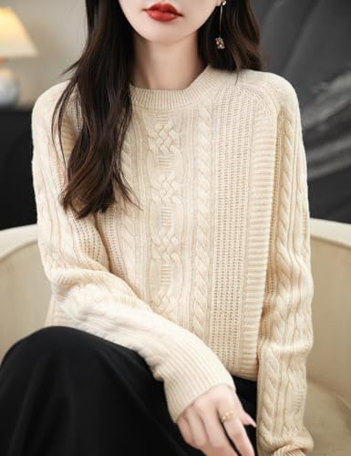 Women's 100% Merino Wool Crew Neck Sweater 2025 Fall Winter Solid Cable Long Sleeve Warm Knitted Sweater2