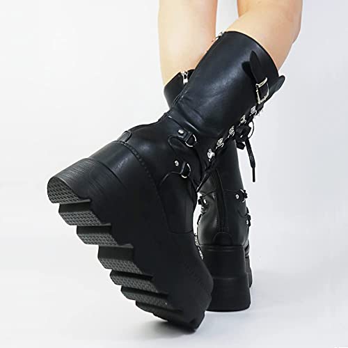 Vimisaoi Platform Boots For Women, Lace Up Wedge High Heel Goth Punk Combat Mid Calf Boots #TOP4
