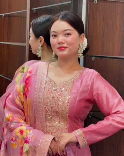 Image of by Pink Anarkali Flared Kurti Pant Dupatta Suit Set.