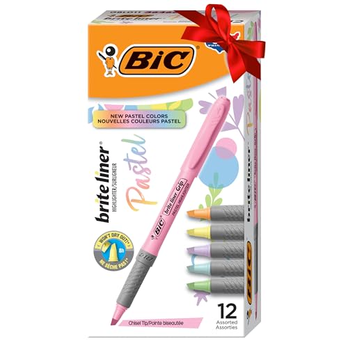 BIC Brite Liner Grip Pastel Highlighter Set, Chisel Tip, 12-Count Pack of Pastel Highlighters in Assorted Colors (colors may vary), Gifts for Teachers or Perfect Stocking Stuffers