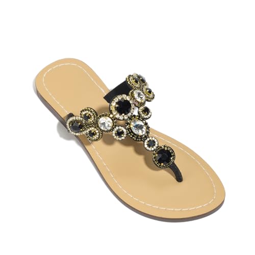 Bling Flip Flops for Women Fashion Sparkly Flat Sandals for Women Jewel Rhinestone Sandals Summer Wedding Beach Casual Vacation Black Szie 82