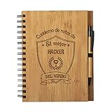 Planetacase - Cuaderno de Notas el Mejor hacker del Mundo - Libreta Pirata Informático de Madera Natural con Boligrafo - Bloc de Notas A5 con 80 Hojas - Diseño Grabado en Bajorrelieve