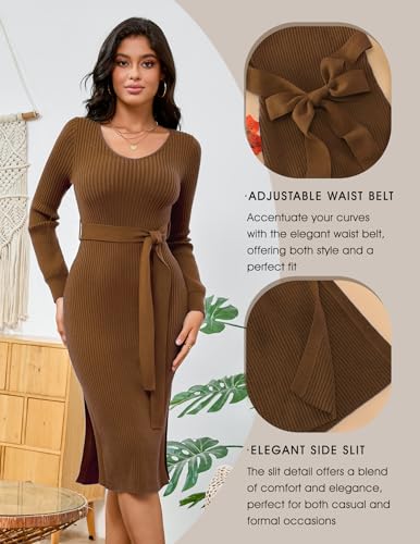 Dressystar Women's Fall Ribbed Knit Sweater Dress V Neck Long Sleeve Tie Waist Slim Fit Bodycon Midi Dress2