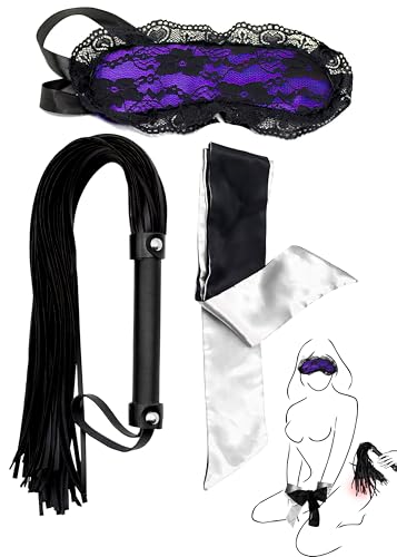 Faux Leather Flogger for Adult Play, Lace Eye Mask for Women and Sexy Blindfold for Couples - 3pcs Set for Bedroom