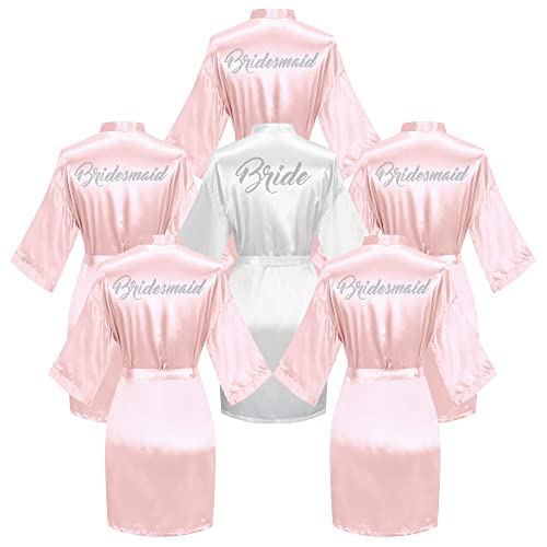 6 Pieces Bridal Shower Bathrobe for Bride and Bridesmaid Robe with Rhinestone Getting Ready Kimono Gown