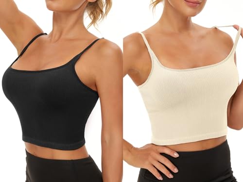 Image of Chilylori Seamless Sports Bra Cropped Tank Top with Adjustable Strap 2 Pack | Workout Tops Ribbed Sports Bra for Women Wireless Longline Crop Tank Padded Comfortable Brami