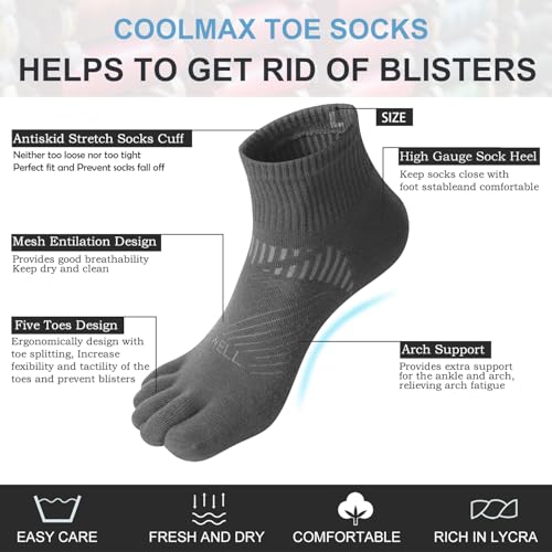 VWELL Toe Socks for Men and Women COOLMAX Five Finger Socks Athletic Running Socks Quarter Ankle Toe Socks (3Pairs)3