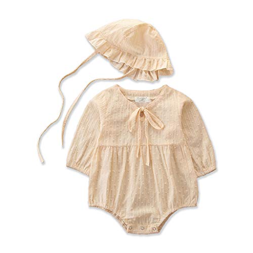 Newborn Infant Baby Girl Jumpsuit Set Long Sleeve Solid Color Lace Up One-Piece Romper with Cap Outfits (Age:3-6 Months, Beige)