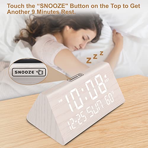 Image of DreamSky Digital Alarm Clock for Bedrooms - Wooden Desk Clock with Date | Day of Week, USB Port, Temperature, Dimmer for Bedside Table, Living Room, Office, Adjustable Volume, Auto DST, Wood Decor