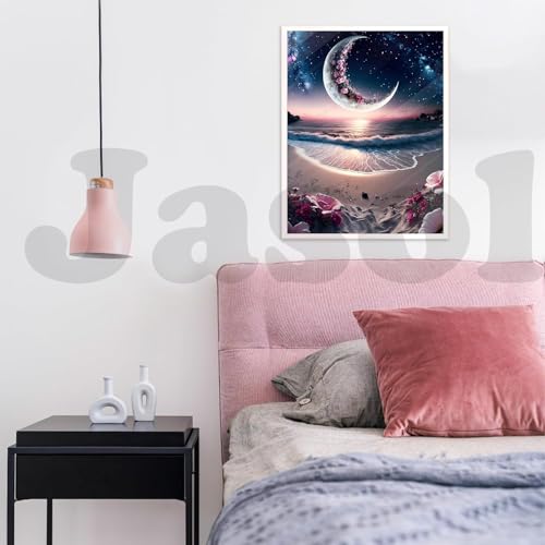 Image of Jasol Diamond Painting Kit, 40x30 Cms, Full Drill, 5D Crystals, Home Wall Decor Gift Set (Moon Beach M45618)