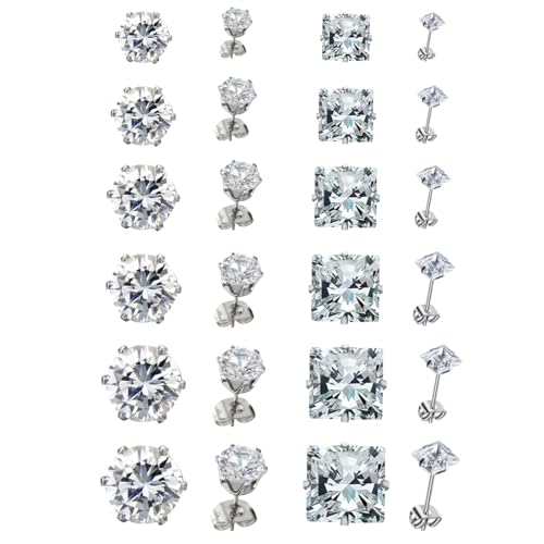 JEYORZY 12 Paia Orecchini Uomo Diamante,Orecchini Diamante Uomo,Orecchini Acciaio Chirurgico per Donna Uomo Orecchini,Zirconi Cubici,Orecchini A Bottone Anallergico Cartilagine