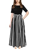 VFSHOW Womens Black and White Striped Print Patchwork Pockets Belted Work Casual Party A-Line Midi Dress 9782 BLK L