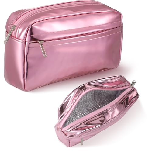 Pink Insulated Makeup Bag for Car Cosmetic Bag for Women PU Portable Zippered Makeup Pouch Travel Skincare Organizer Shields Cosmetics from Melting Freezing Party Gift for Girls, 7.9''x4.7'' - Main Image